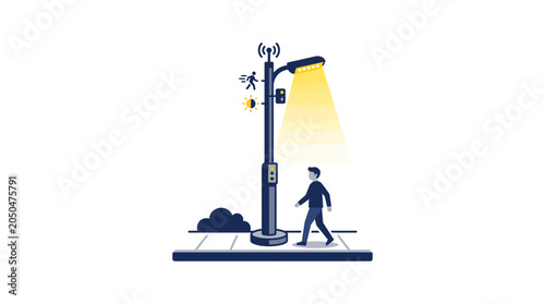 Foto Man walking on sidewalk at night.
