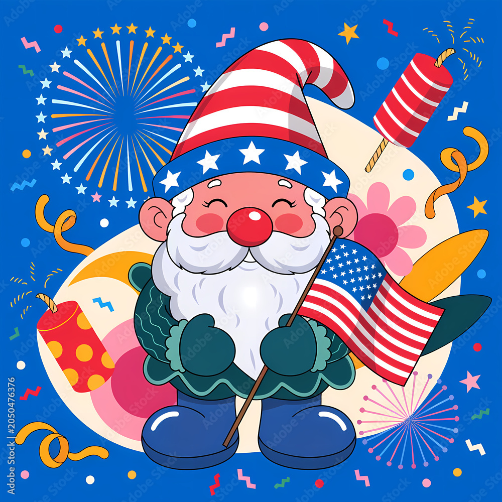 Naklejka premium 4th of July Independence Day Celebration Illustration Set with American Flag, Fireworks, Patriotic Stars and Stripes Background