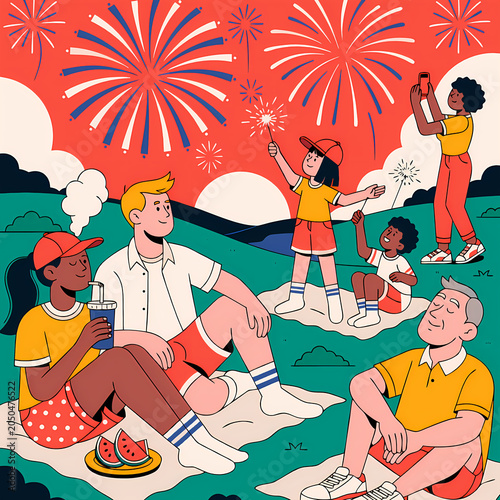 4th of July Independence Day Celebration Illustration Set with American Flag, Fireworks, Patriotic Stars and Stripes Background