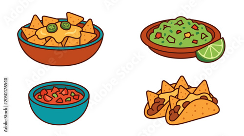 Cartoon vector set of delicious nachos and guacamole
