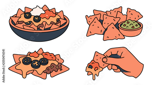 Illustrated set of tortilla chips and nachos with various dips