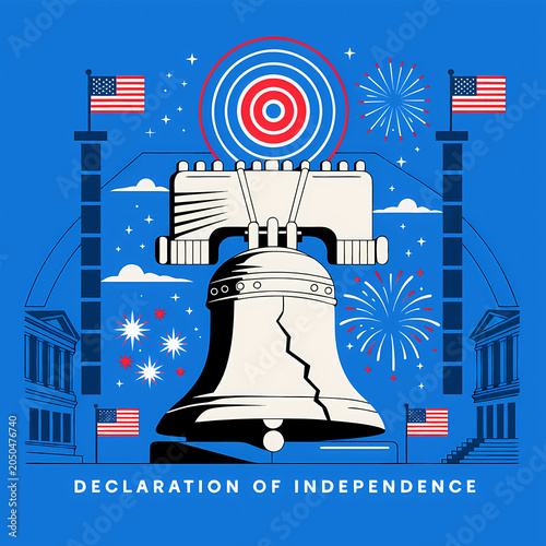 4th of July Independence Day Celebration Illustration Set with American Flag, Fireworks, Patriotic Stars and Stripes Background