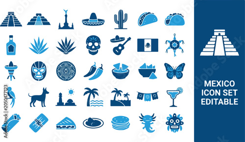 Fotografie Mexican cultural symbols and traditional cuisine icon collection