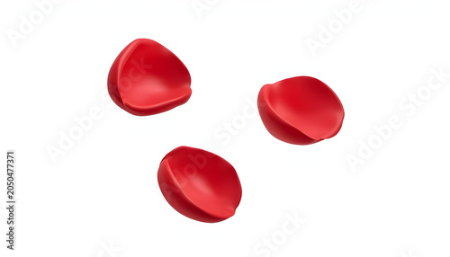 Dynamic 3D icon of three elegant red rose petals gently floating isolated on white background