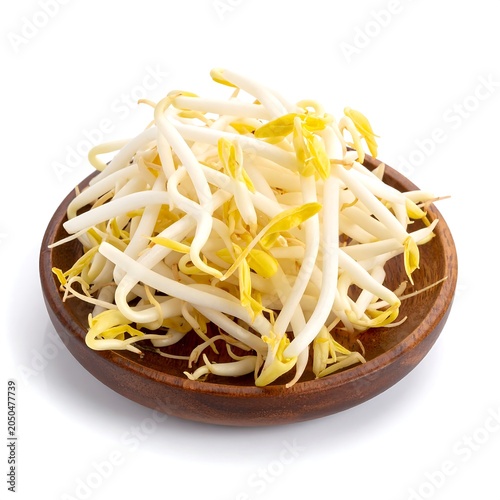 A wooden bowl filled with sprouted beans on a white background