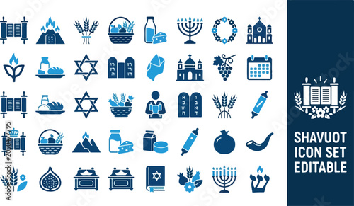 Fotografie Shavuot holiday icon set with torah and dairy symbols