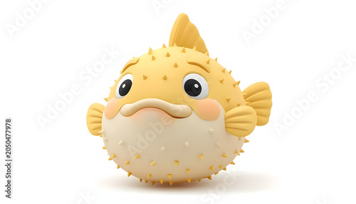 Funny and round 3D icon of a puffed-up blowfish with tiny soft spikes isolated on white background