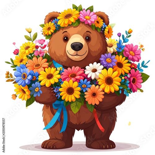 Colorful clown holding bouquet of flowers.