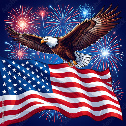 4th of July Independence Day Celebration Illustration Set with American Flag, Fireworks, Patriotic Stars and Stripes Background