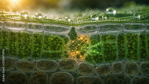 Plant Cell Repair Sunrise in Leaf Cross Section, Biology Illustration
