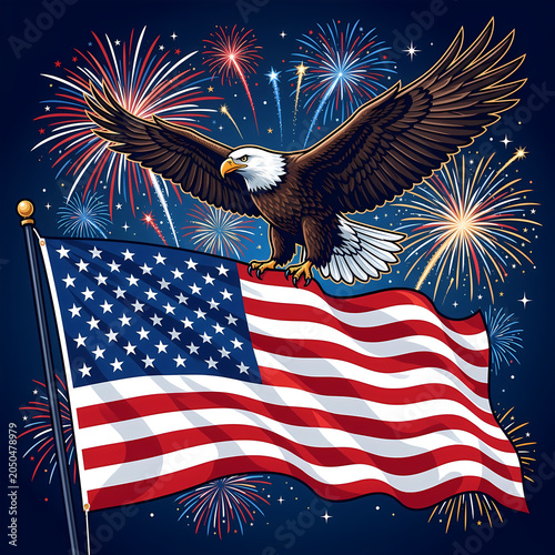 4th of July Independence Day Celebration Illustration Set with American Flag, Fireworks, Patriotic Stars and Stripes Background