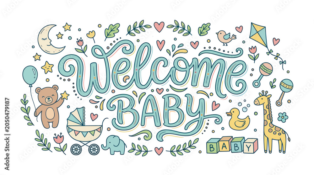 Obraz premium Welcome Baby Hand-Drawn Illustration with Cute Toys, Moon, Stars, and Giraffe