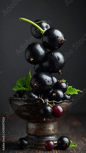 A wooden bowl overflows with black currants on a dark background