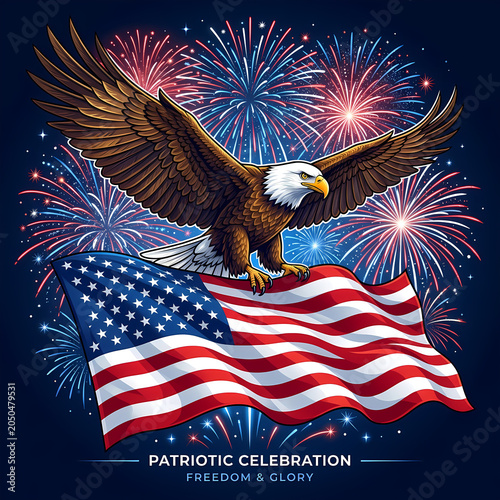 4th of July Independence Day Celebration Illustration Set with American Flag, Fireworks, Patriotic Stars and Stripes Background