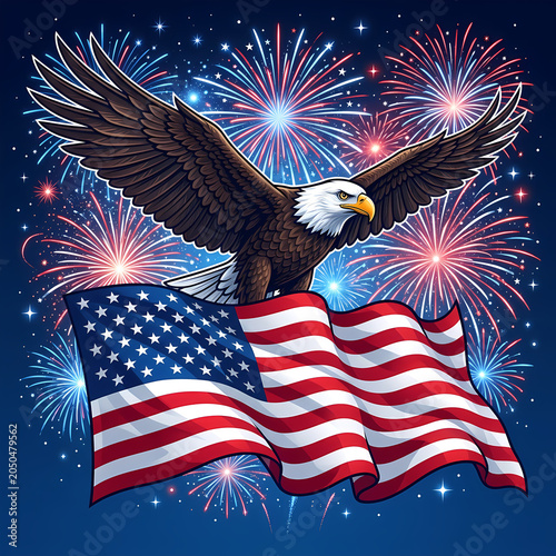 4th of July Independence Day Celebration Illustration Set with American Flag, Fireworks, Patriotic Stars and Stripes Background
