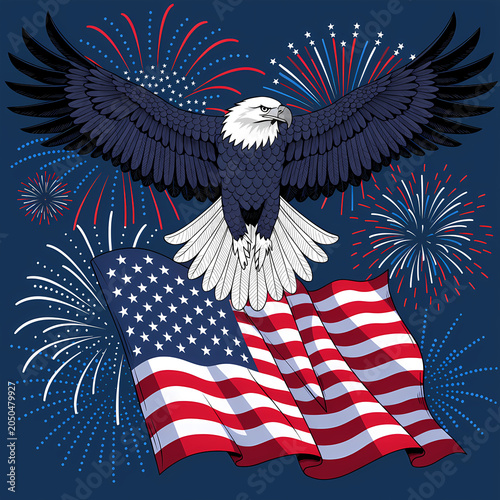 4th of July Independence Day Celebration Illustration Set with American Flag, Fireworks, Patriotic Stars and Stripes Background