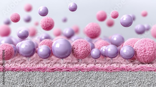 Microscopic view illustrates interaction between various sized spheres on a textured layer over granular base