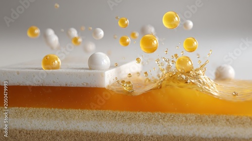 Cosmetic ingredient layers interact dynamically with falling encapsulated elements