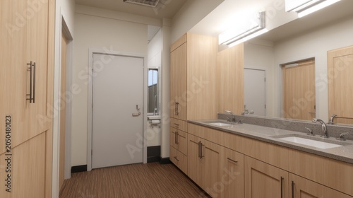 Modern washroom interior features light wood cabinetry and dual vanity sinks illuminated by horizontal fixtures.