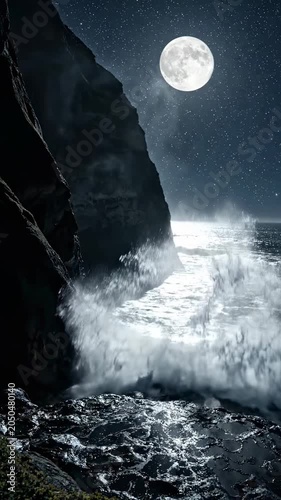 A full moon shines over a rocky coastline with crashing waves at night.