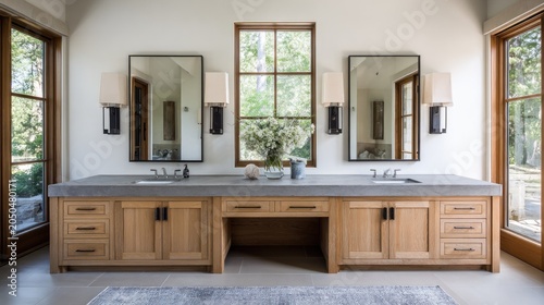Expansive double vanity bathroom design features natural light and wood cabinetry.