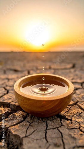 A wooden bowl with water sits on dry, cracked earth at sunset