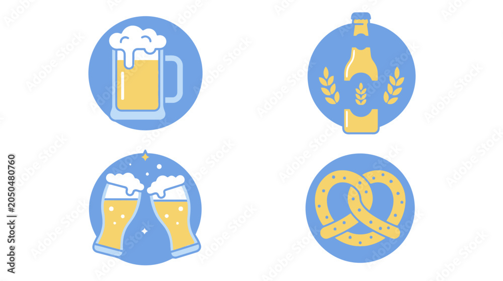 Fototapeta premium Flat vector icons of beer mugs, bottles and pretzels