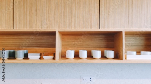 Minimalist wooden cabinetry displays organized ceramic cups and small bowls on open shelving.