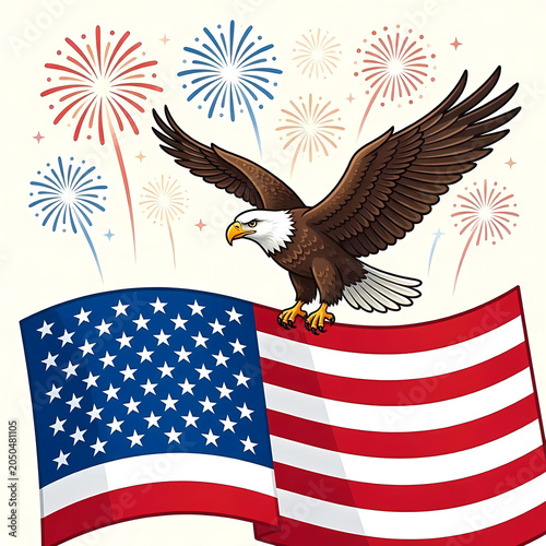 4th of July Independence Day Celebration Illustration Set with American Flag, Fireworks, Patriotic Stars and Stripes Background