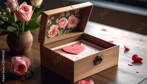 A wooden box with pink roses and heart