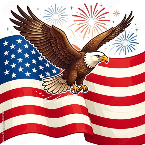 4th of July Independence Day Celebration Illustration Set with American Flag, Fireworks, Patriotic Stars and Stripes Background