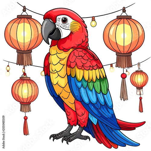 Colorful clown holding hot air balloons illustration.