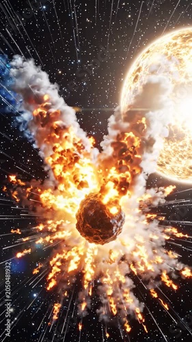 A large asteroid explodes in space.