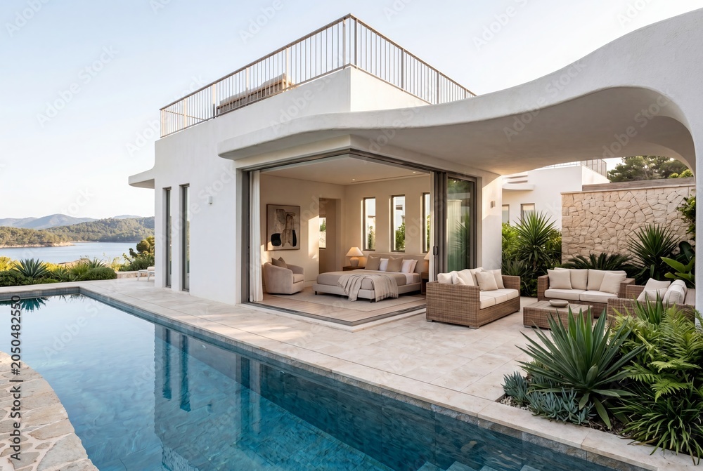 Fototapeta premium Luxury Resort Pool Terrace with Calm Water and Mediterranean Architecture