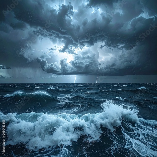 Dramatic Wide Shot of Massive Ocean Storm with Huge Dark Waves and Heavy Rain