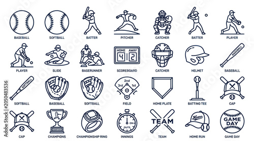 Obraz na płótnie Baseball and Softball Icons: Equipment, Players, and Game Elements