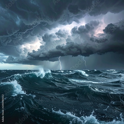Dramatic Wide Shot of Massive Ocean Storm with Huge Dark Waves and Heavy Rain