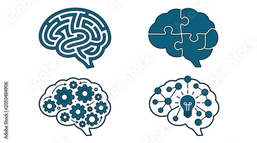 Four blue brain icons representing different mental concepts