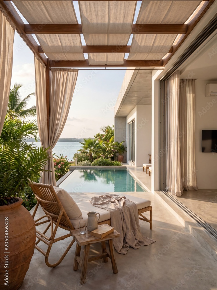 Fototapeta premium Minimal Mediterranean Vacation House with Garden Patio and Soft Light