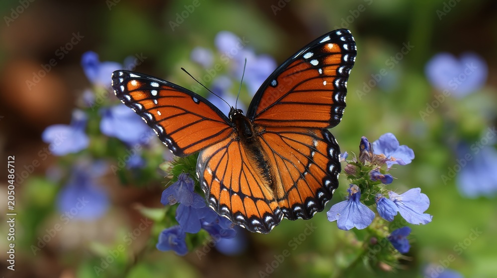 Obraz premium Viceroy butterfly (limenitis archippus) resting on vibrant blue wildflowers in natural meadow habitat, detailed close up of colorful pollinator insect with delicate wings in summer garden environment