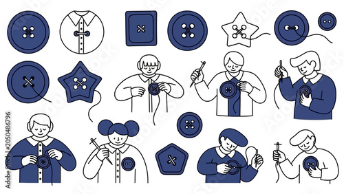 Картината върху платно Hand drawn illustration of people sewing buttons and various buttons