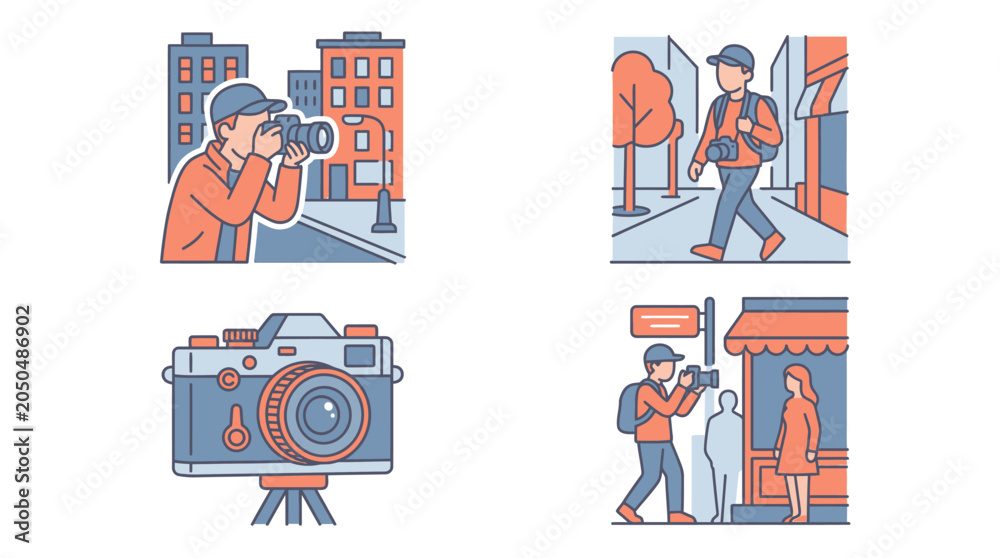 Fototapeta premium Flat vector icons depicting street photography scenes