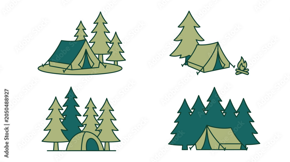Obraz premium Vector illustration set of camping tents in a pine forest