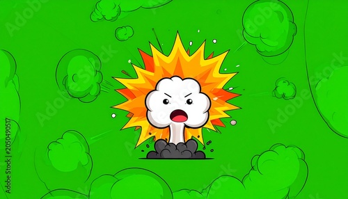 Cartoon explosion with a funny face on a green background