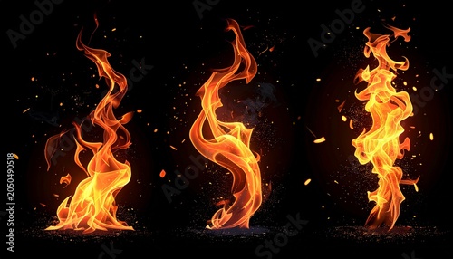 Three flames dance with sparks against blackness