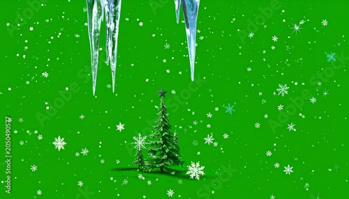 Christmas scene snow, trees, icicles, green background
