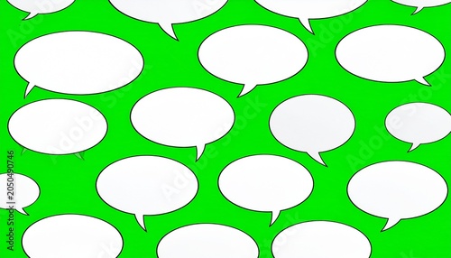White speech bubbles float on a bright green backdrop