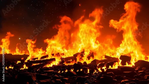 A large bonfire with intense flames illuminating the dark night sky with embers glowing and crackling