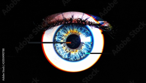 Close-up of an eye with digital glitching over dark