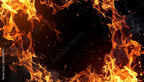 Fiery frame of burning flames against a dark void